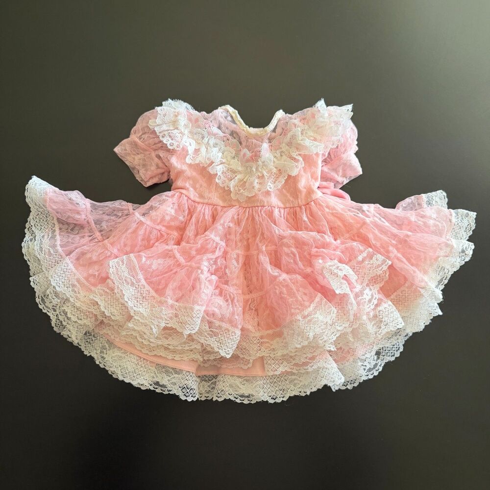 Vintage Chip-Tak Los Angeles 12-Month Baby Toddler Pink & White Lacy Dress